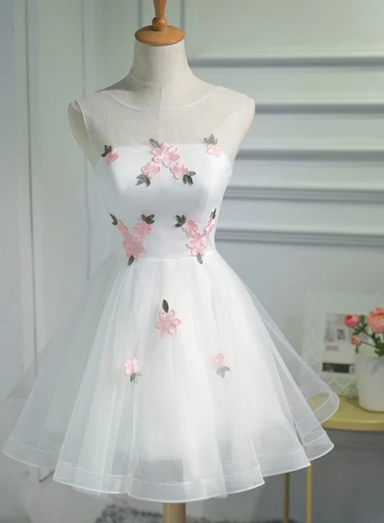 White Short Cute Graduation Party Dress , Lovely Prom Dress , Formal Dress Tulle with Flowers Tunics Practical easy-care