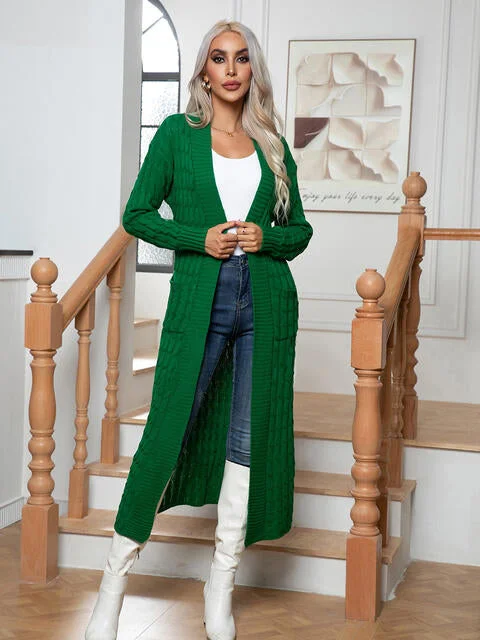 Cable-Knit Open Front Cardigan with Pockets Ribbed Striped Patterned