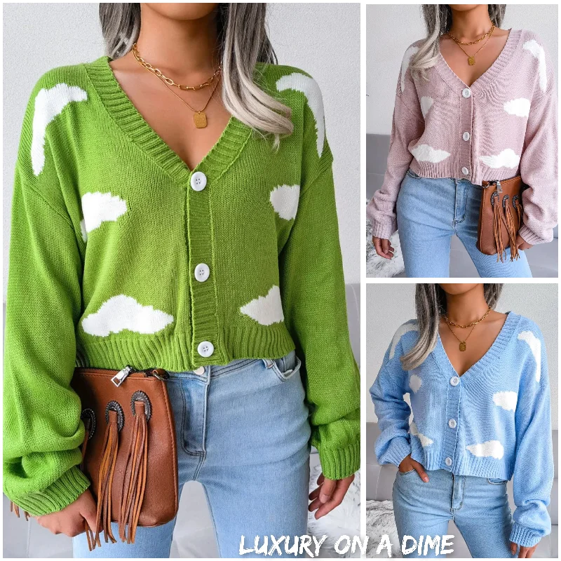 Cloud Print Cropped Classic Knit Button Front Retro Long Sleeve Cardigan Boxy Cardigan Fitted Cardigan A-Line Cloud Print Cropped Classic Knit Button Front Retro Long Sleeve Cardigan Boxy Cardigan Fitted Cardigan A-Line