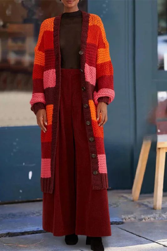 Casual Tropical Stripes Midi Knit Cardigan Terry Terry Cloth Terry Knit