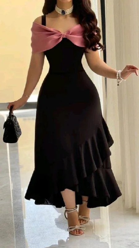 Black Off Shoulder Sheath Ruffles Long Party Dress Evening Gown, DP4955 Off-the-shoulder Chic Trendy Black Off Shoulder Sheath Ruffles Long Party Dress Evening Gown, DP4955 Off-the-shoulder Chic Trendy