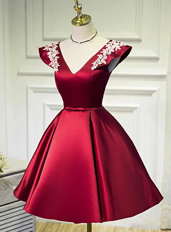 Wine Red Cap Sleeves Short Party Dresses, Satin Formal Dresses, Cute Party Dresses Tunics Silk luxurious Wine Red Cap Sleeves Short Party Dresses, Satin Formal Dresses, Cute Party Dresses Tunics Silk luxurious