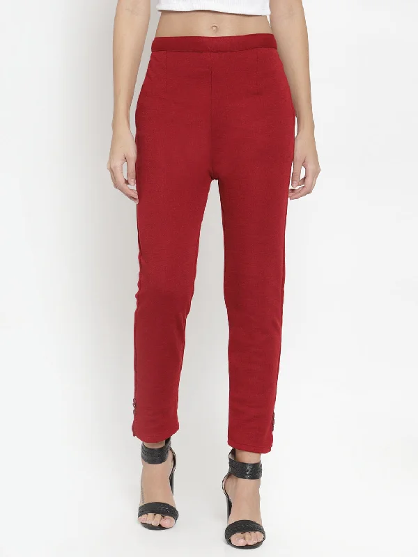Women'S Maroon Woolen Pencil Pant Trendy Wide-Leg Pants