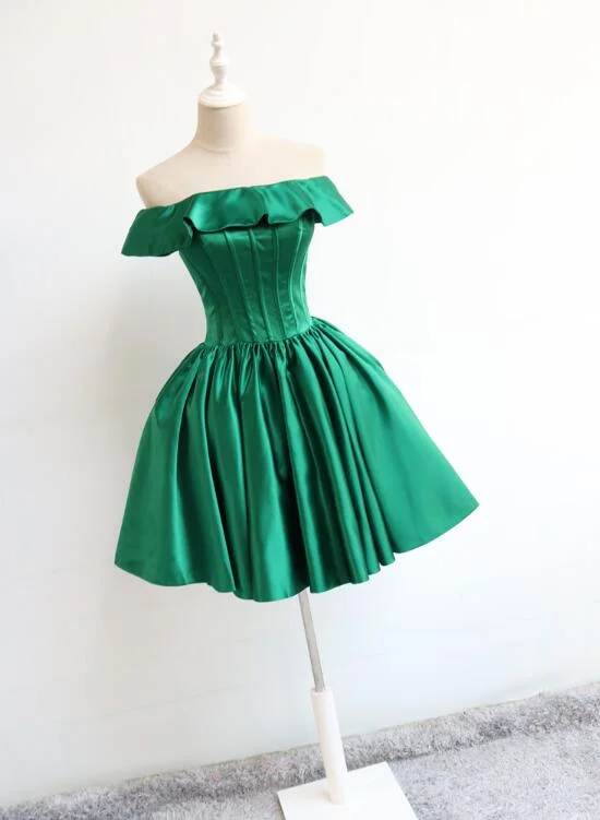 Dark Green Off Shoulder Satin Wedding Party Dress, Beautiful Homecoming Dress High-Low Hemline Casual Dark Green Off Shoulder Satin Wedding Party Dress, Beautiful Homecoming Dress High-Low Hemline Casual