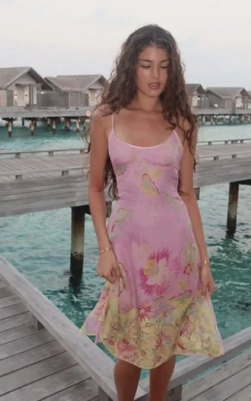 Pretty Pink Satin Print Floral Party Dress,Spaghetti Straps Midi Prom Evening Dress cc2864 Tunics Print Colorful Pretty Pink Satin Print Floral Party Dress,Spaghetti Straps Midi Prom Evening Dress cc2864 Tunics Print Colorful