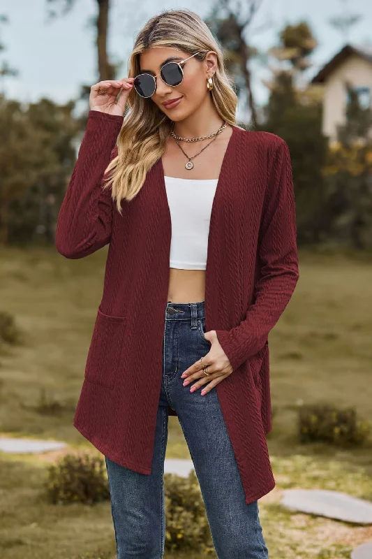 Cable-Knit Long Sleeve Cardigan with Pocket Polka Dot Checkered Tartan