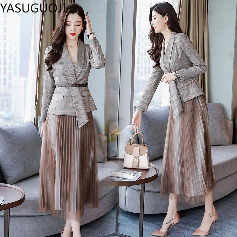 YASUGUOJI Office Lady Casual Plaid Blazer + Mesh Pleated Skirt Suit Set Women Formal Blazer Skirt Set Jacket Skirt Suits Women Jersey Jacket Tulle Jacket Batik Jacket YASUGUOJI Office Lady Casual Plaid Blazer + Mesh Pleated Skirt Suit Set Women Formal Blazer Skirt Set Jacket Skirt Suits Women Jersey Jacket Tulle Jacket Batik Jacket