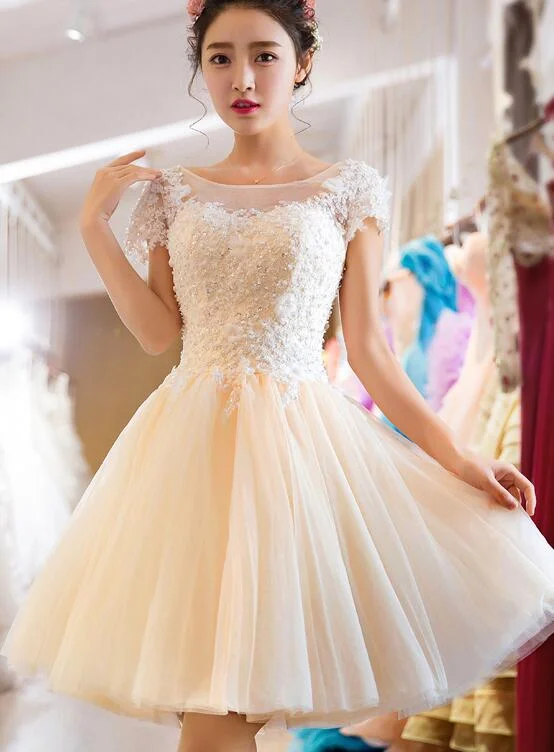 Light Champagne Tulle Short Party Dress, Lace Applique with Beadings Homecoming Dress Tunics Fall fleece Light Champagne Tulle Short Party Dress, Lace Applique with Beadings Homecoming Dress Tunics Fall fleece