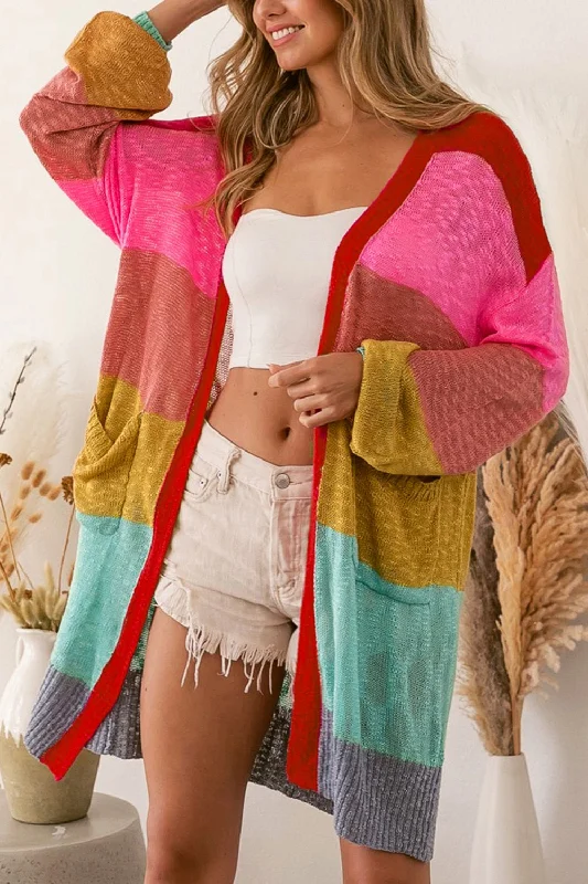 Color Block Open Front Cardigan with Pockets Elegant Classic Vintage