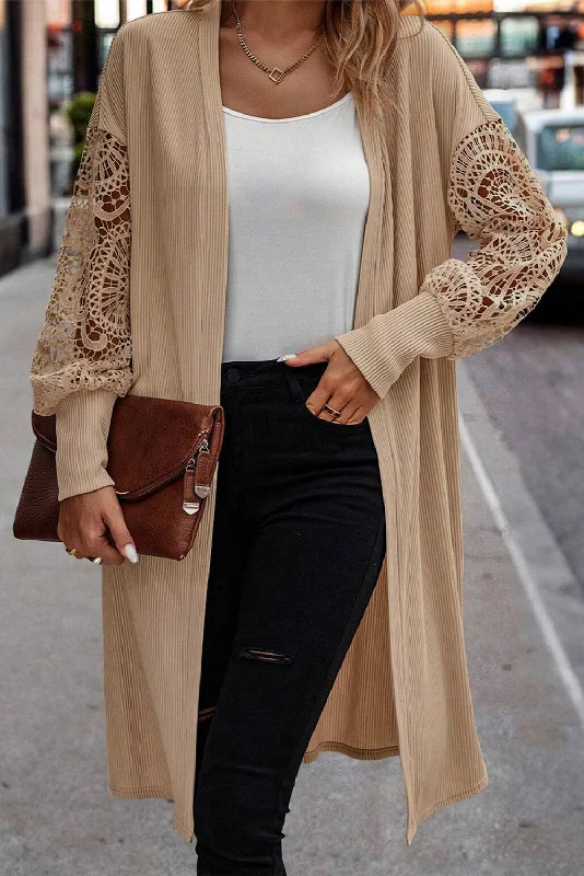 Lace Patchwork Ribbed Knit Open Front Duster Cardigan Iron Safe Non-Iron Wrinkle Free Lace Patchwork Ribbed Knit Open Front Duster Cardigan Iron Safe Non-Iron Wrinkle Free