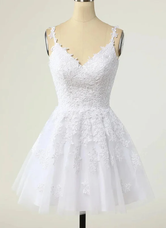 Cute V-neckline White Tulle with Lace Graduation Dress, White Short Party Dress Turtleneck Neckline Stylish Cute V-neckline White Tulle with Lace Graduation Dress, White Short Party Dress Turtleneck Neckline Stylish