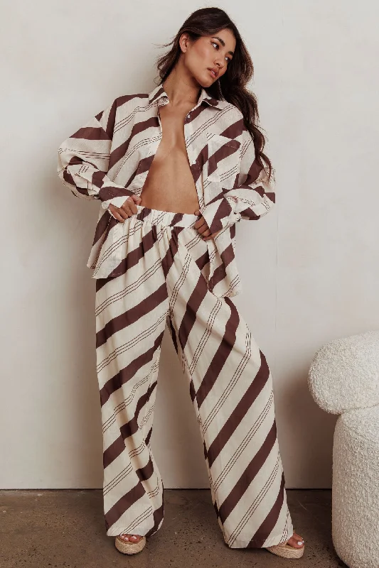 Alex Elastic Waist Striped Print Pant Cream/Cacao Comfy Athletic Pants