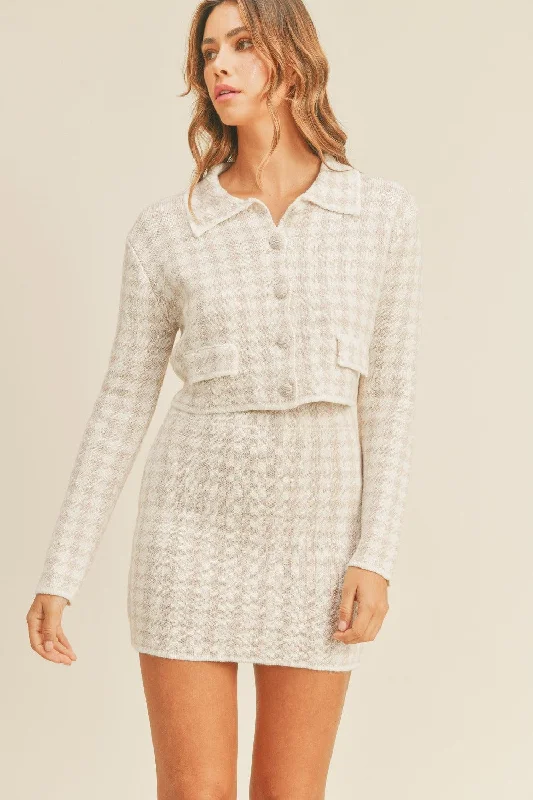 MABLE Houndstooth Cropped Knit Cardigan and Mini Skirt Set Seamless Knitted Crochet