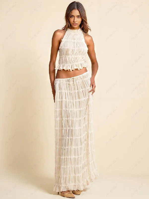 Charm Pleated Drawstring Charming Waist Tiered Maxi Skirt zip skirt side