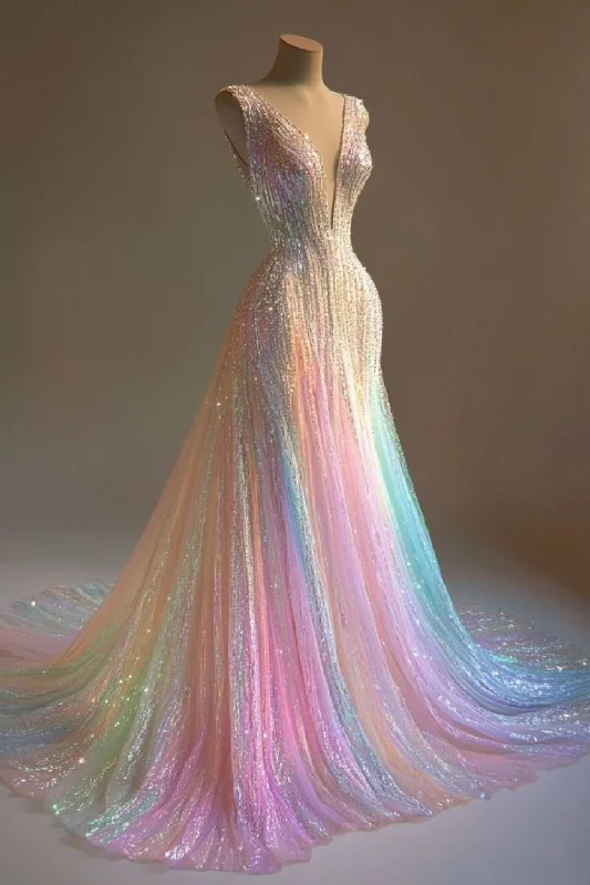 Gorgeous Deep V Neck A-Line Beading Shiny Long Evening Party Dress, DP4952 Square Neckline Feminine