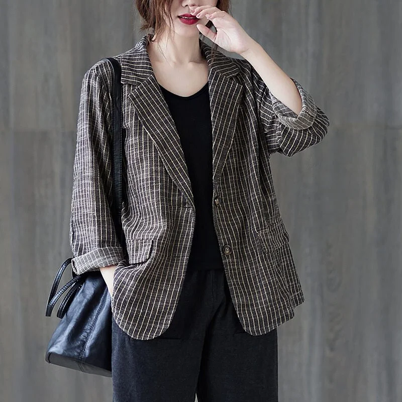 Cotton And Linen Striped Suit Jacket Ladies Spring 2022 Retro Loose Large Size Casual Blazer Single Breasted Shirt Top zh187 Zippered Front Buttoned Front Snap Front Cotton And Linen Striped Suit Jacket Ladies Spring 2022 Retro Loose Large Size Casual Blazer Single Breasted Shirt Top zh187 Zippered Front Buttoned Front Snap Front