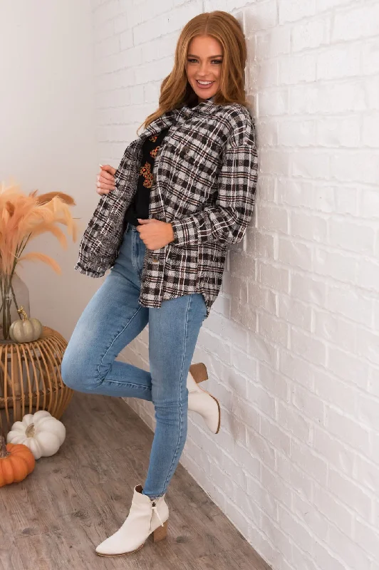 Forever Cozy Modest Plaid Jacket Hooded Jacket Caped Jacket Shawl Collar Jacket