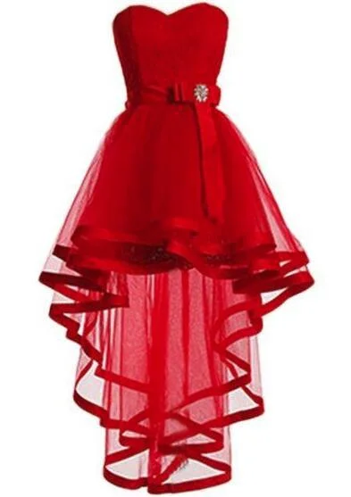 Sweetheart Red Tulle and Lace High Low Party Dress, Lace-up Formal Dress Cowl Neckline Elegant
