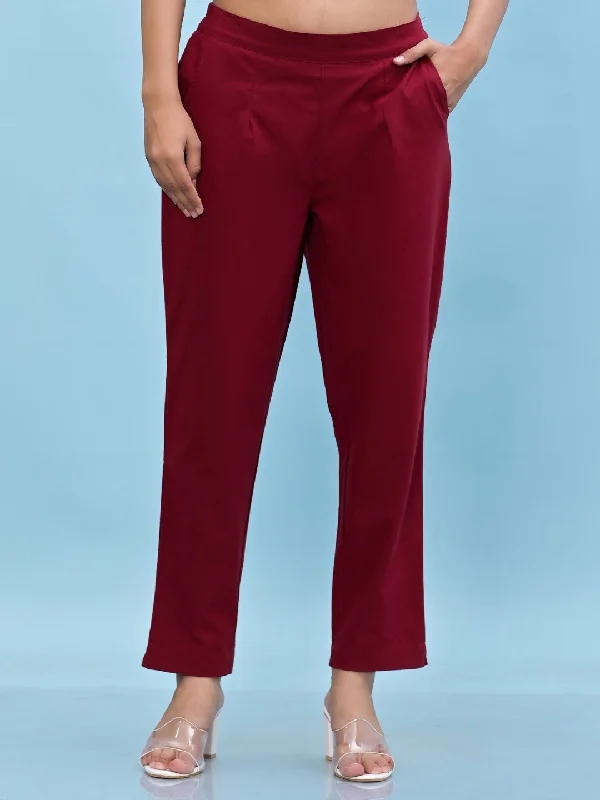 Women Maroon Solid Cotton Pants With Partially Elasticated Waistband And Two Side Pockets Elegant Silk Pants Women Maroon Solid Cotton Pants With Partially Elasticated Waistband And Two Side Pockets Elegant Silk Pants