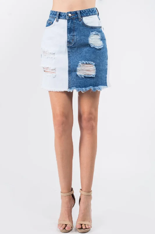 Contrast Patched Frayed Distressed Denim  Women Skirts cashmere skirt fine