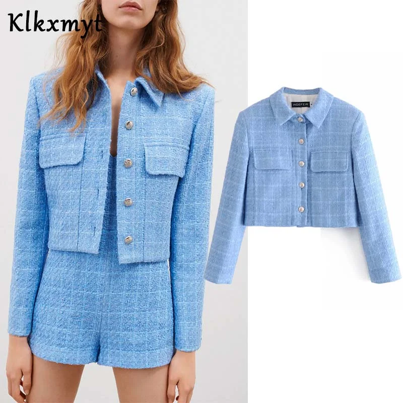 Klkxmyt Za 2022 Blue Cropped Blazer Women Casual Textured Long Sleeve Pockets Spring Jacket Woman Office Wear Coat Wool Fabric Cashmere Fabric Tweed Fabric Klkxmyt Za 2022 Blue Cropped Blazer Women Casual Textured Long Sleeve Pockets Spring Jacket Woman Office Wear Coat Wool Fabric Cashmere Fabric Tweed Fabric