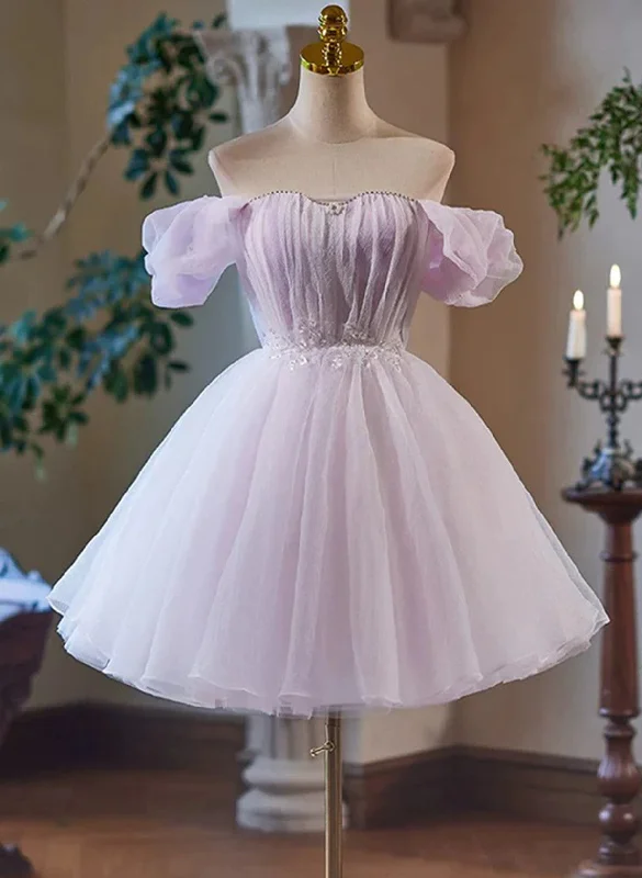 Cute Tulle Light Purple Off Shoulder Party Dress, Light Purple Homecoming Dress empire Waist empire Cute Tulle Light Purple Off Shoulder Party Dress, Light Purple Homecoming Dress empire Waist empire