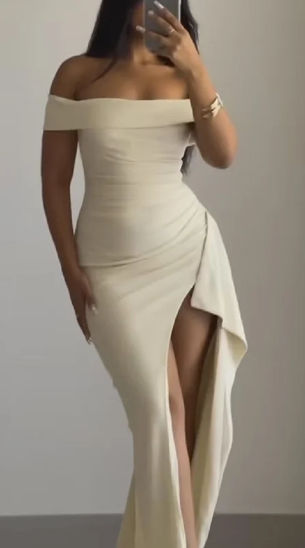 Elegant Ivory Off Shoulder Sheath Split Long Party Dress Wedding Guest Dress, DP4810 Tunics Velvet soft