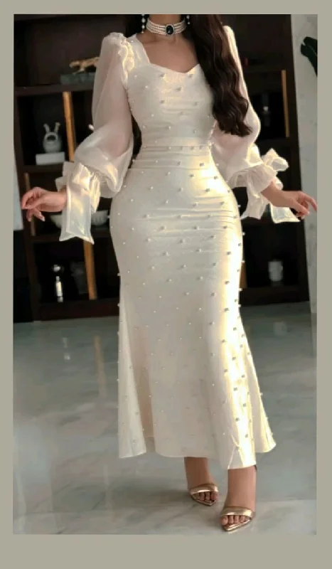 Elegant White Long Sleeves Mermaid Beading Long Party Dress Evening Gown, DP4954 Boatneck Modish Everyday Elegant White Long Sleeves Mermaid Beading Long Party Dress Evening Gown, DP4954 Boatneck Modish Everyday