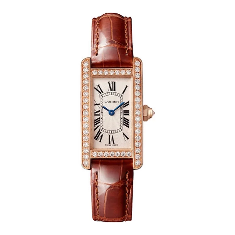 Cartier Tank Americaine 34.8mm Watch - Ref: WJTA0028 - Silver Roman Dial & Diamond Bezel in 18K Rose Gold Case, Brown Alligator Strap vibrant tank top Cartier Tank Americaine 34.8mm Watch - Ref: WJTA0028 - Silver Roman Dial & Diamond Bezel in 18K Rose Gold Case, Brown Alligator Strap vibrant tank top