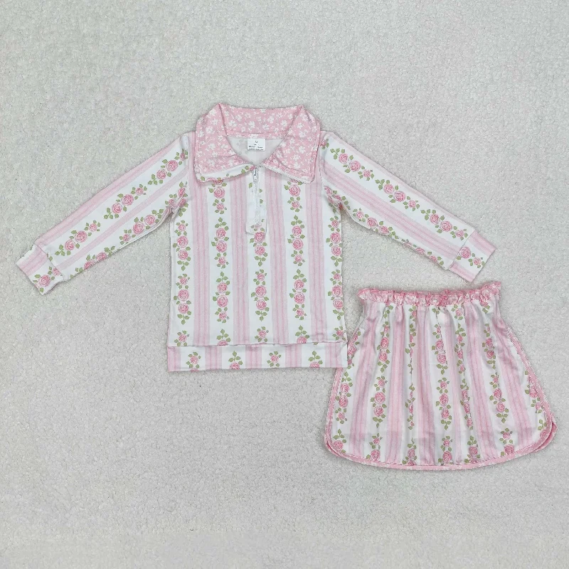 RTS NO MOQ ETA 5/7days Arrived GLD1002 flower leaf pink stripe zipper long-sleeved pants skirt set Relaxed Lounge Trousers RTS NO MOQ ETA 5/7days Arrived GLD1002 flower leaf pink stripe zipper long-sleeved pants skirt set Relaxed Lounge Trousers