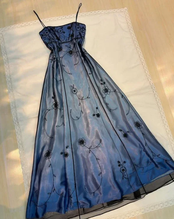 Blue Straps A-Line Beadng Long Prom Dress Vintage Party Dress, DP4815 Tunics Mesh breathable Blue Straps A-Line Beadng Long Prom Dress Vintage Party Dress, DP4815 Tunics Mesh breathable