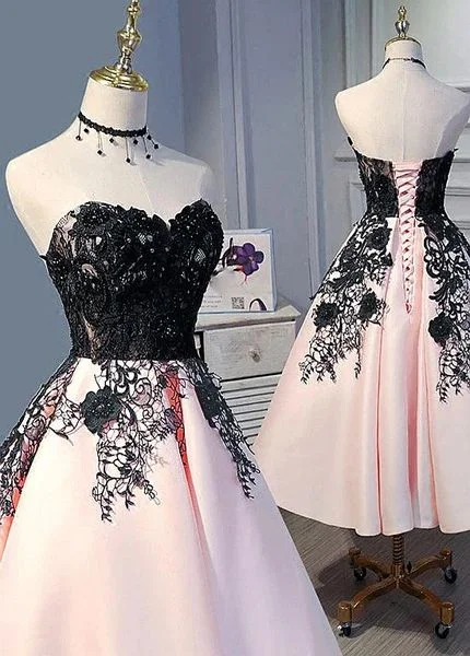 Cute Pearl Pink Tea Length Satin with Lace Applique Party Dress, Homecoming Dress C1665 Turtleneck Warm Winter Cute Pearl Pink Tea Length Satin with Lace Applique Party Dress, Homecoming Dress C1665 Turtleneck Warm Winter
