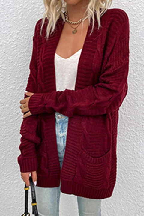 Cable-Knit Open Front Cardigan with Pockets Chenille Blend Fleece Blend Nylon Blend