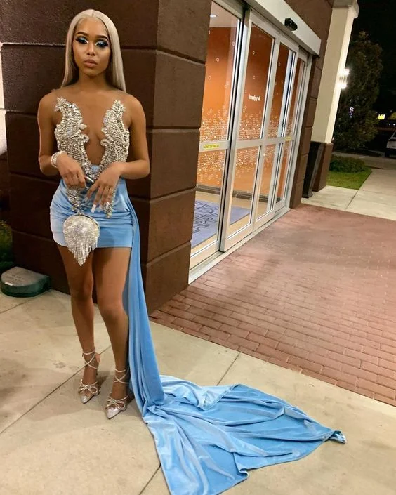 tight blue mini homecoming dress party dress  c3056 Glittery Long Formal