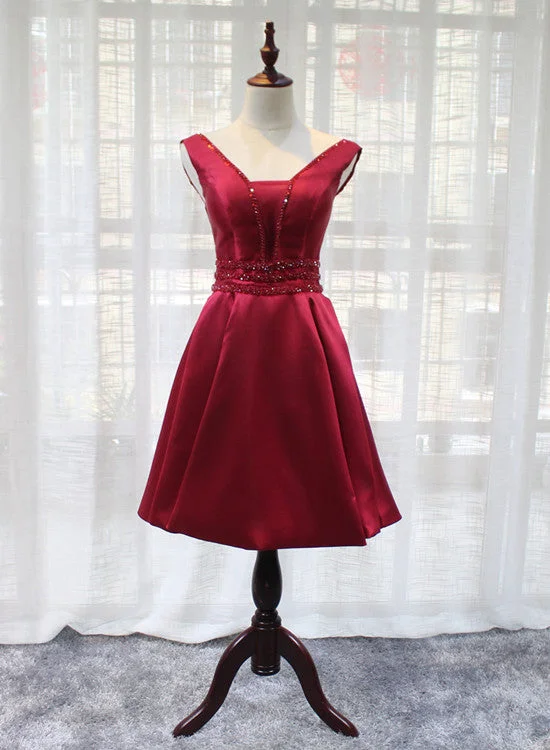 Beautiful Dark Red Satin V-neckline Party Dress, Charming Short Homecoming Dress Tunics Practical durable Beautiful Dark Red Satin V-neckline Party Dress, Charming Short Homecoming Dress Tunics Practical durable