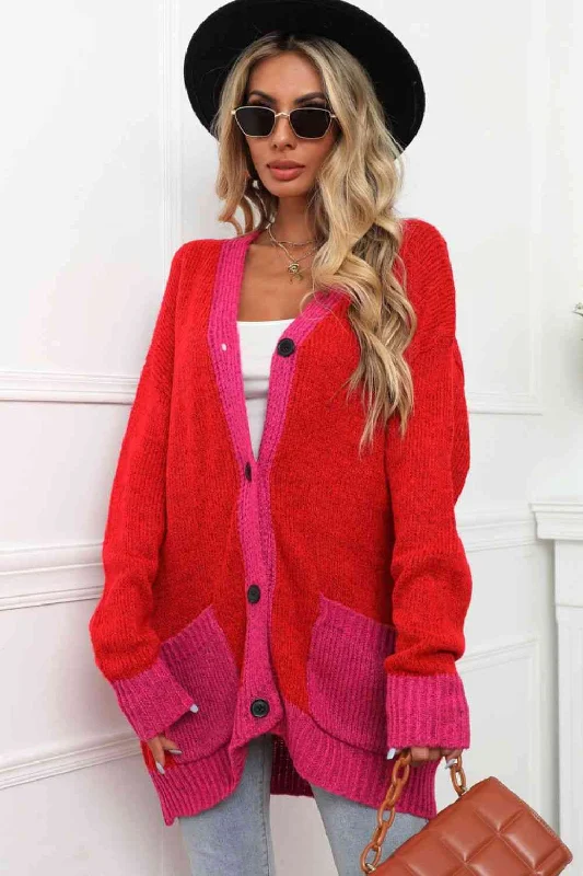 Contrast Detail Button-Up Cardigan with Pockets Elegant Classic Vintage