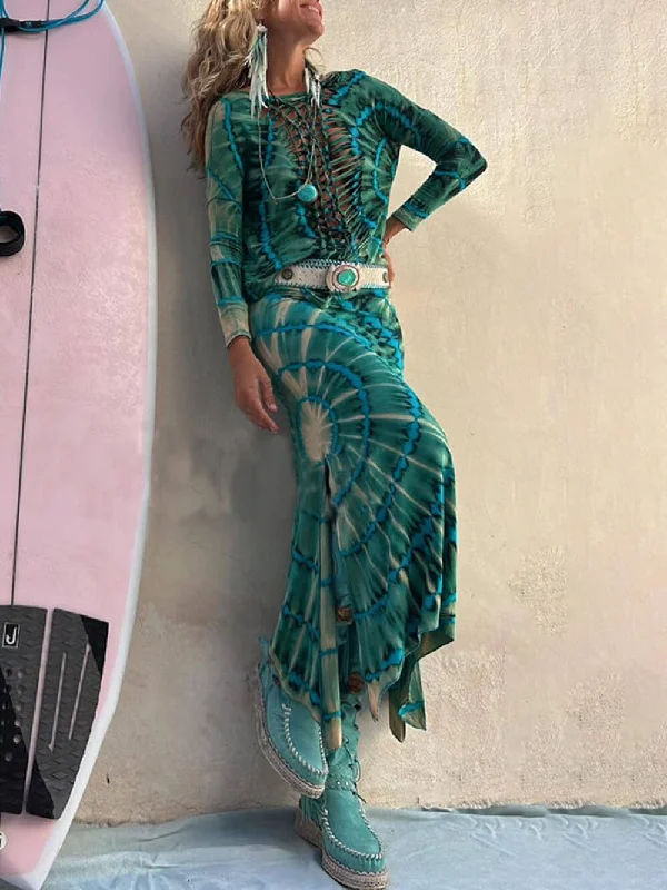 Tie-Dye Print High Charming Rise Stretch Slit Skirt spandex blend skirt