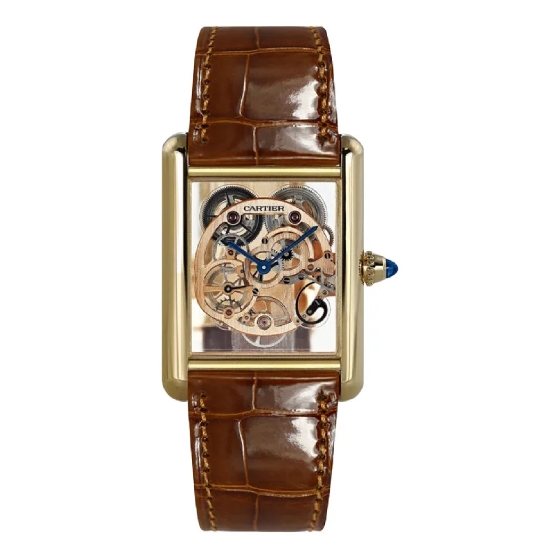 Cartier Tank Louis 30mm Watch - Ref: WHTA0002 - Skeleton Dial in 18K Rose Gold Case, Brown Leather Strap loose fit tank