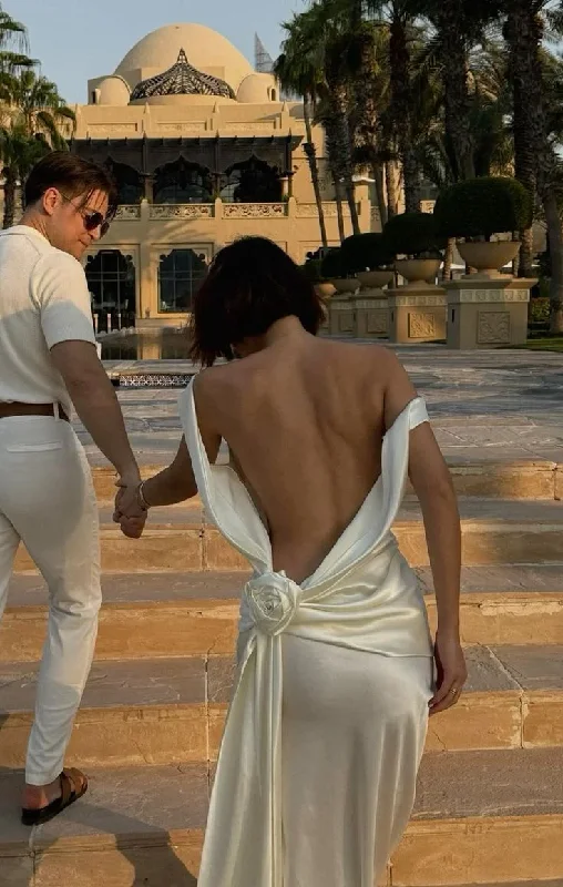 Elegant Ivory Backless Sheath Satin Long Party Dress Light Wedding Dress, DP4917 Tunics Running lightweight Elegant Ivory Backless Sheath Satin Long Party Dress Light Wedding Dress, DP4917 Tunics Running lightweight