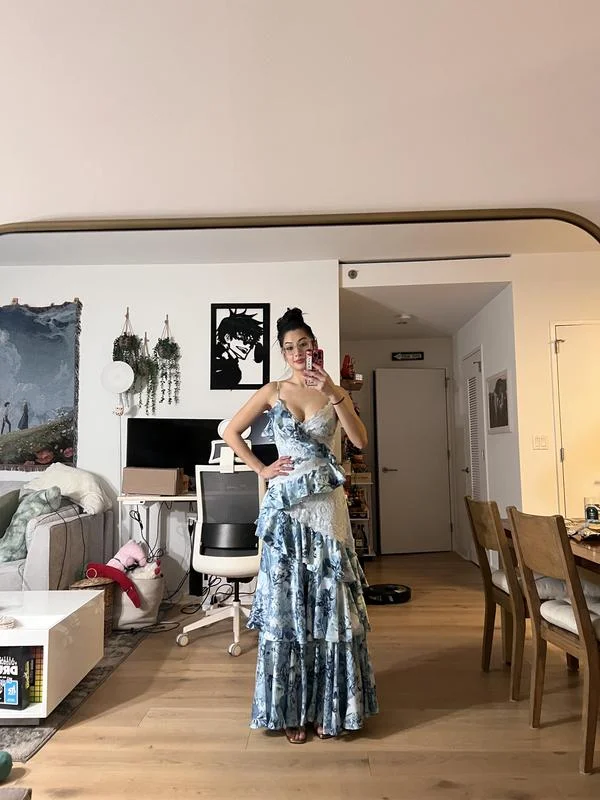 Vintage Blue Satin Print Tiered Ruffles A Line party Dress,Spaghetti Straps Prom Evening Dress cc2894 Boatneck Modish Everyday Vintage Blue Satin Print Tiered Ruffles A Line party Dress,Spaghetti Straps Prom Evening Dress cc2894 Boatneck Modish Everyday