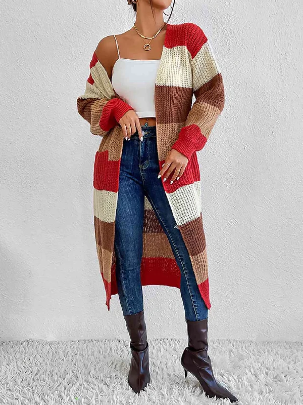 Color Block Open Front Longline Cardigan Mesh Fabric Canvas Fabric Denim Fabric
