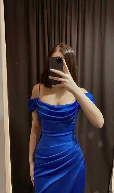 Royal Blue Off Shoulder Straps Mermaid Satin Long Party Dress Evening Dress, DP4946 Turtleneck Neckline Stylish Royal Blue Off Shoulder Straps Mermaid Satin Long Party Dress Evening Dress, DP4946 Turtleneck Neckline Stylish