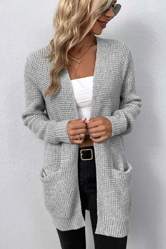 Waffle Knit Longline Open Front Sweater Pocket Cardigan Velvet Chenille Corduroy