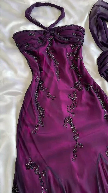 Vintage Dark Purple Halter Beading Ruffle Charming Party Dress, DP2277 Satin Halter Glamorous Vintage Dark Purple Halter Beading Ruffle Charming Party Dress, DP2277 Satin Halter Glamorous