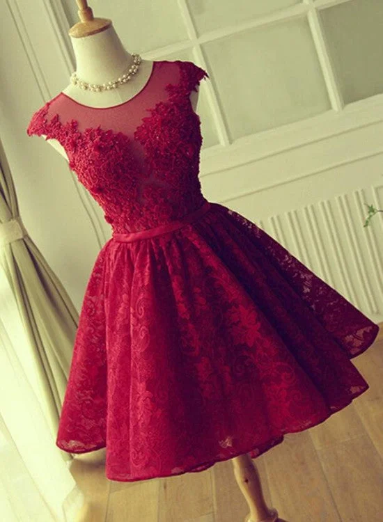 Wine Red Beautiful Lace Short Round Neckline Formal Dresses, Charming Prom Dresses, Cute Party Dress Chiffon Maxi Beach Wine Red Beautiful Lace Short Round Neckline Formal Dresses, Charming Prom Dresses, Cute Party Dress Chiffon Maxi Beach