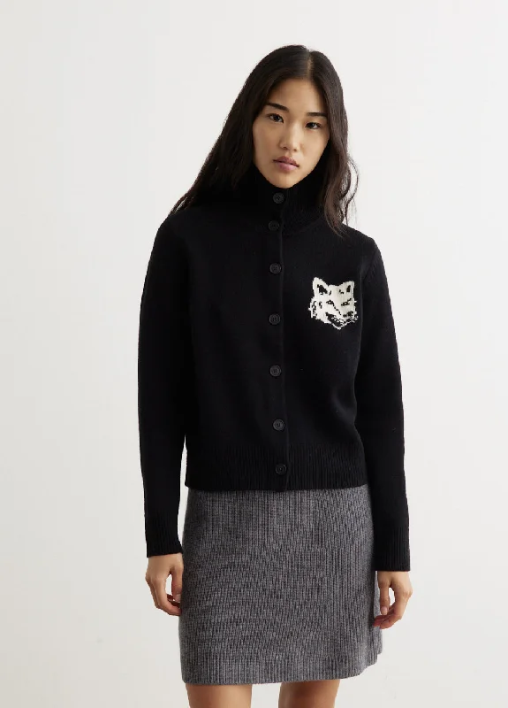 Fox Head Intarsia High Neck Cardigan Cable Knit Ribbed Knit Lace Knit
