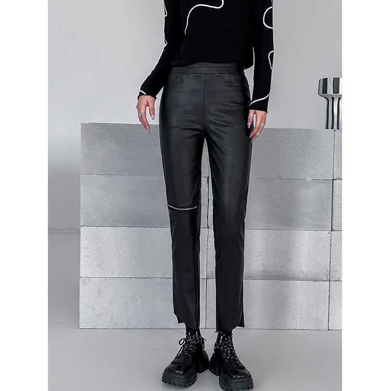 Retro Zipper PU Leather Pants Trendy Printed Pants