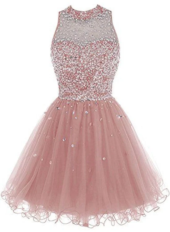 Pink Tulle Round Neckline Short Party Dress, Sequins Party Dress, Handmade Party Dresses Pencil Length Work Pink Tulle Round Neckline Short Party Dress, Sequins Party Dress, Handmade Party Dresses Pencil Length Work