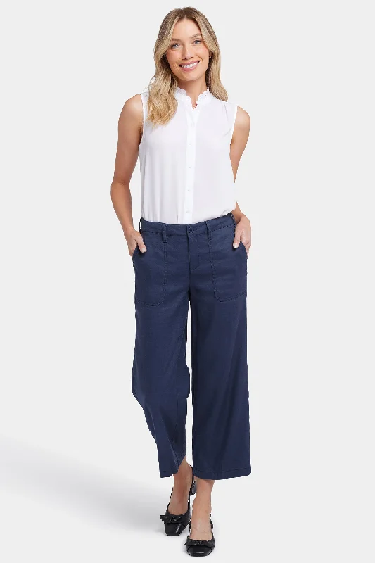 Wide Leg Cargo Capri Pants - Oxford Navy Relaxed Fit Trousers