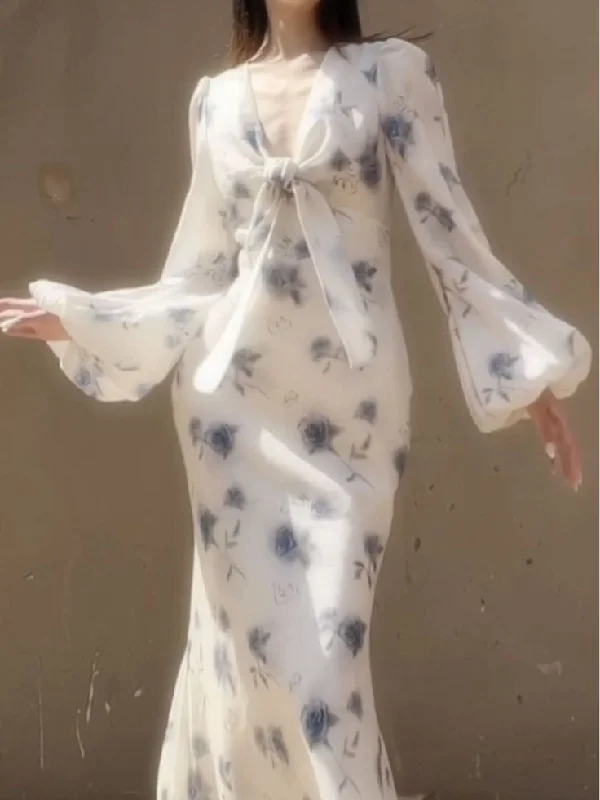 Classy Ice Blue Chiffon Rose Print Floral Prom Party Dress,Long Mermaid Evening Dress cc2847 Tunics Velvet soft